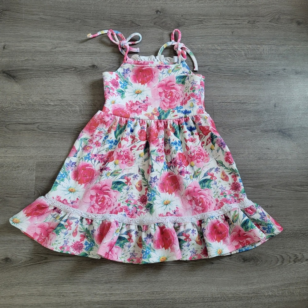 Girls Floral Tie Shoulder Ruffle Dress Pink Blue Summer Midi 3XL Kids size 7-8 - Picture 4 of 6